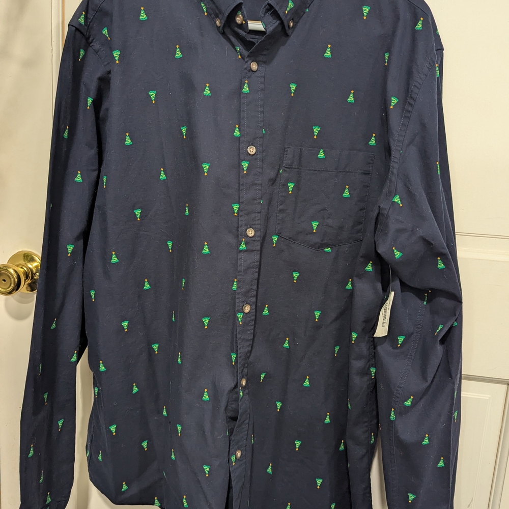 Old Navy Mens Blue Shirt with Christmas Trees